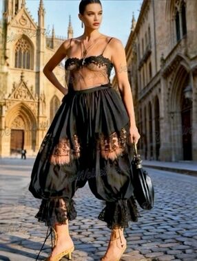 NWT Chic Black Long Lace Casual Loose Fit Drawstring Crop Bloomer Pants Sz S
